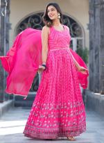 Soft Dola Pink Festival Wear Mirror Work Readymade Gown With Dupatta